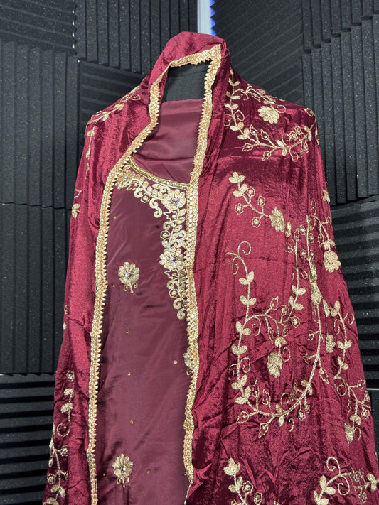 Raabta – Maroon Velvet Suit with Antique Gold Embroidery