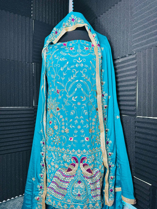 Morni – Peacock Blue Embroidered Suit with Zari & Mirror Detailing