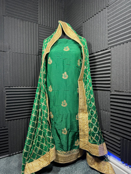 Zaria – Emerald Green Silk Suit with Heavy Zari Dupatta
