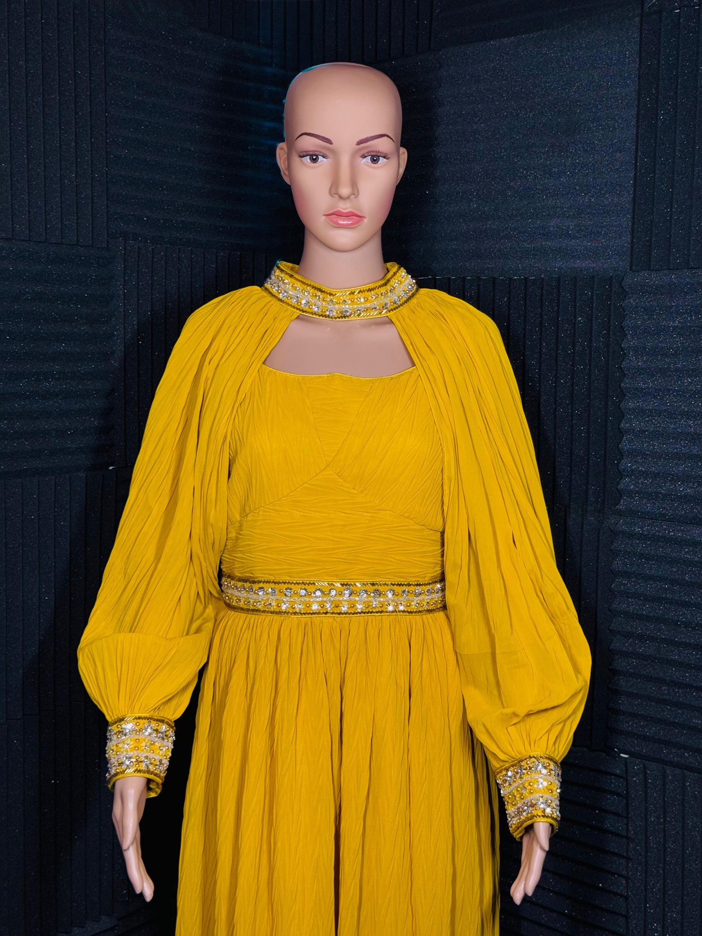 Noorani – Mustard Yellow Gown Set with Mirror Work Detailing