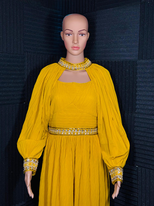 Noorani – Mustard Yellow Gown Set with Mirror Work Detailing