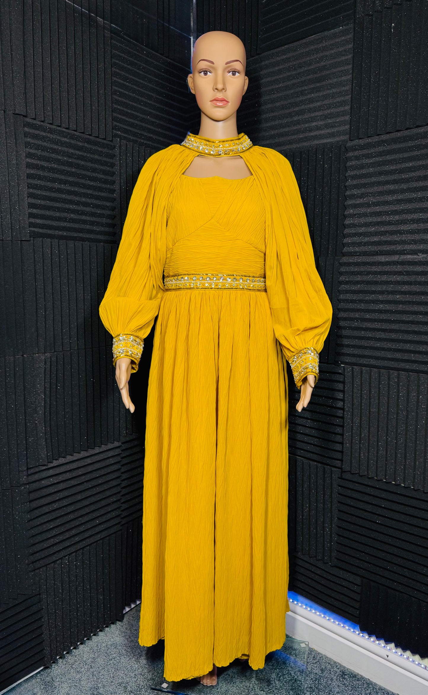 Noorani – Mustard Yellow Gown Set with Mirror Work Detailing